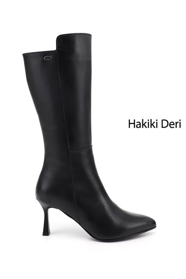 Kadın Siyah Fermuarlı Sivri Burun Hakiki Deri Çizme