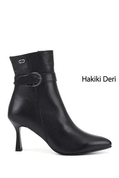 Kadın Siyah Fermuarlı Sivri Burun Hakiki Deri Bot