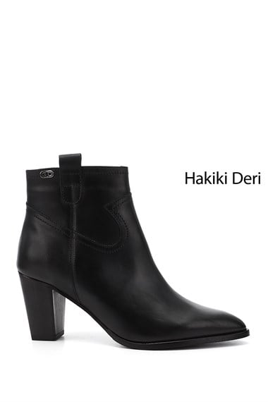 Kadın Siyah Fermuarlı Sivri Burun Hakiki Deri Bot