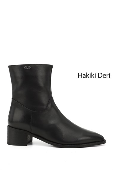 Kadın Siyah Fermuarlı Sivri Burun Hakiki Deri Bot