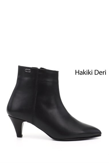 Kadın Siyah Fermuarlı Sivri Burun Hakiki Deri Bot