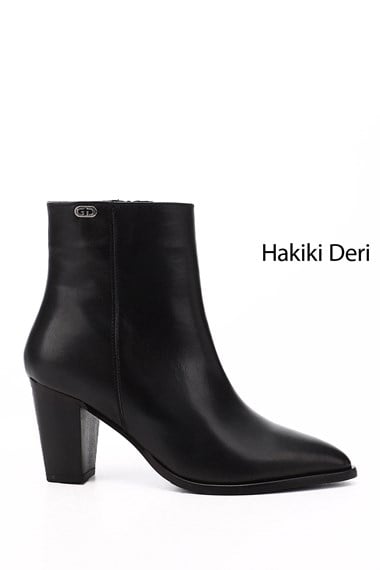 Kadın Siyah Fermuarlı Sivri Burun Hakiki Deri Bot