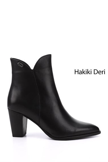 Kadın Siyah Fermuarlı Sivri Burun Hakiki Deri Bot