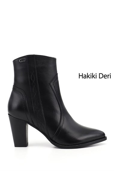 Kadın Siyah Fermuarlı Sivri Burun Hakiki Deri Bot