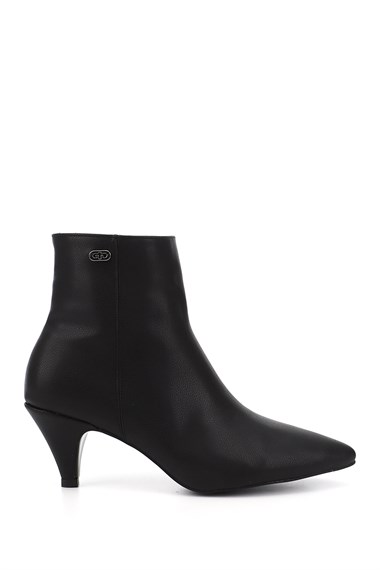 Womens Black Zippered Pointed Toe Thin Heeled Boots