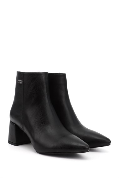 Womens Black Zippered Pointed Toe Thick Heel Boots