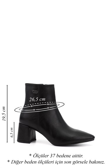 Womens Black Zippered Pointed Toe Thick Heel Boots