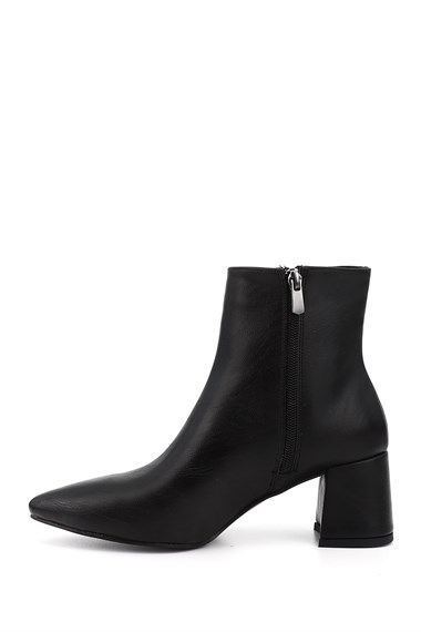 Womens Black Zippered Pointed Toe Thick Heel Boots