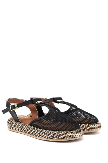 Kadın Siyah Fileli Düz Tabanlı Sandalet