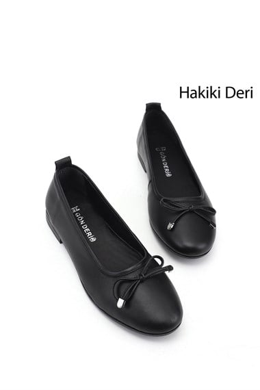 Kadın Siyah Fiyonklu Hakiki Deri Babet