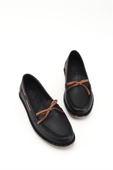 Kadın Siyah Fiyonklu Hakiki Deri Comfort Loafer