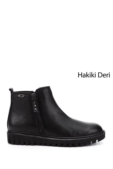 Kadın Siyah Floter Çift Fermuarlı Termo Taban Hakiki Deri Bot