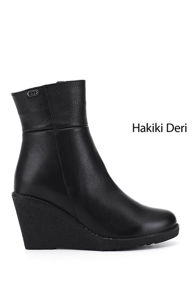 Kadın Siyah Floter Fermuarlı Dolgu Topuklu Hakiki Deri Bot