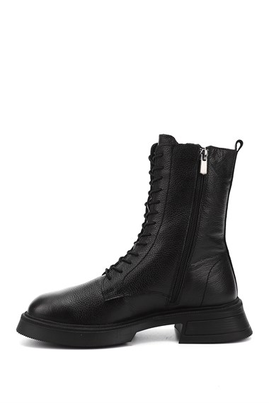 Kadın Siyah Floter Fermuarlı Kalın Taban Hakiki Deri Postal Bot