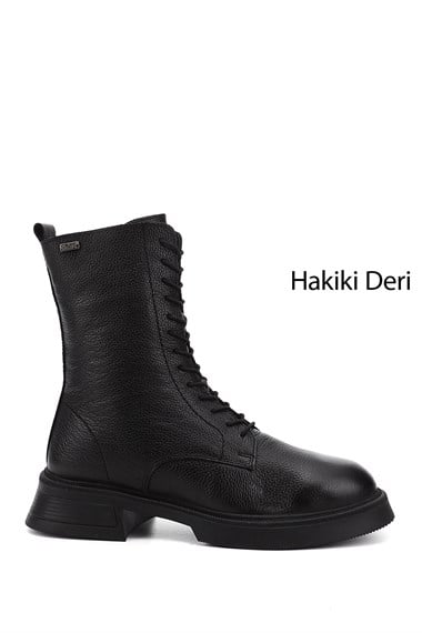 Kadın Siyah Floter Fermuarlı Kalın Taban Hakiki Deri Postal Bot