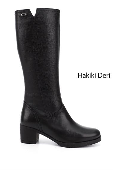 Kadın Siyah Floter Fermuarlı Kalın Topuklu Hakiki Deri Çizme