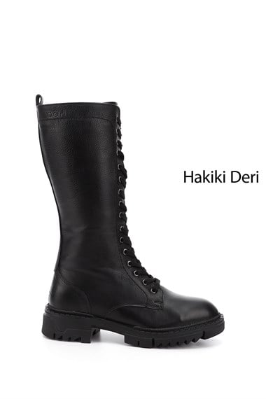 Womens Black Floater Zipper Thick Heel Genuine Leather Combat Boots