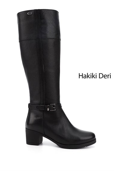 Kadın Siyah Floter Fermuarlı Kalın Topuklu Hakiki Deri Çizme