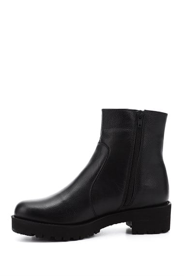 Kadın Siyah Floter Fermuarlı Kalın Topuklu Hakiki Deri Bot