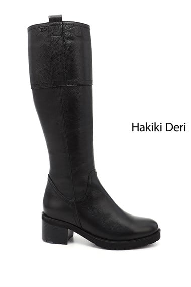 Kadın Siyah Floter Fermuarlı Kalın Topuklu Hakiki Deri Çizme