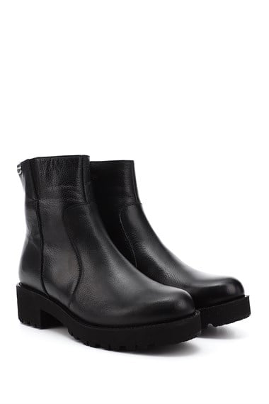 Womens Black Floater Zippered Thick Heel Genuine Leather Boots