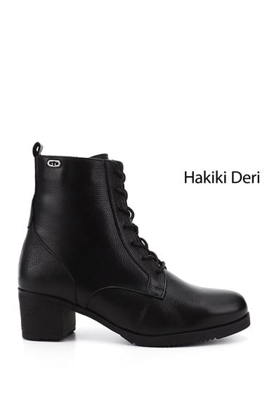 Kadın Siyah Floter Fermuarlı Kalın Topuklu Hakiki Deri Postal Bot