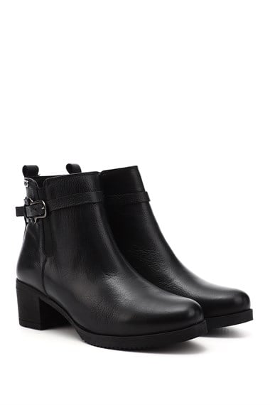 Womens Black Floter Zipper Thick Heeled Genuine Leather Boot