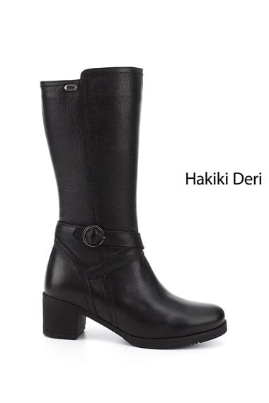 Womens Black Floater Zippered Rubber Sole Genuine Leather Boots