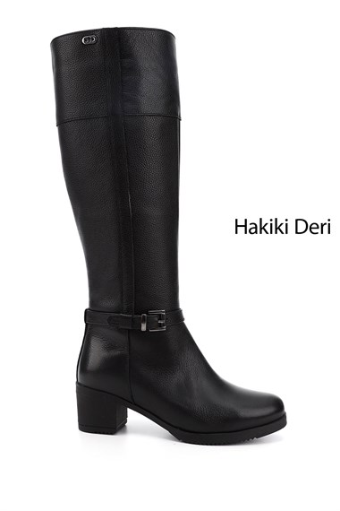 Kadın Siyah Floter Fermuarlı Kalın Topuklu Hakiki Deri Çizme