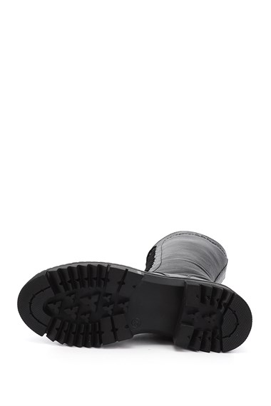 Womens Black Floater Zipper Thick Heel Genuine Leather Combat Boots