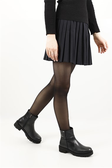 Kadın Siyah Floter Fermuarlı Kalın Topuklu Hakiki Deri Bot