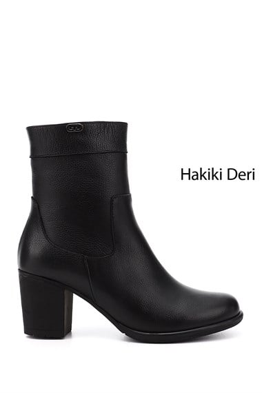 Kadın Siyah Floter Fermuarlı Kalın Topuklu Hakiki Deri Bot