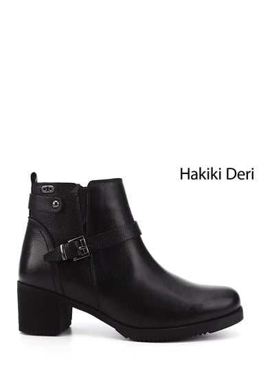 Womens Black Floater Zippered Thick Heel Genuine Leather Boots