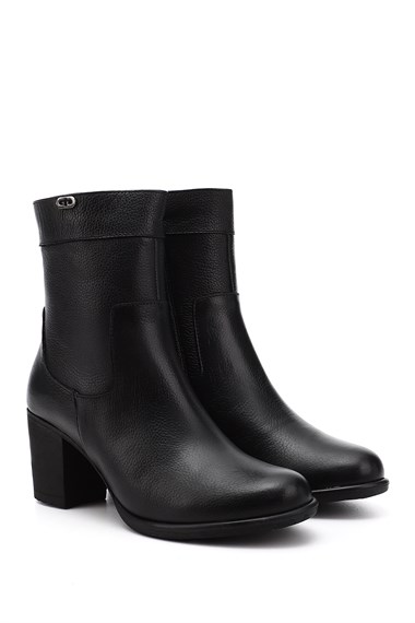 Kadın Siyah Floter Fermuarlı Kalın Topuklu Hakiki Deri Bot