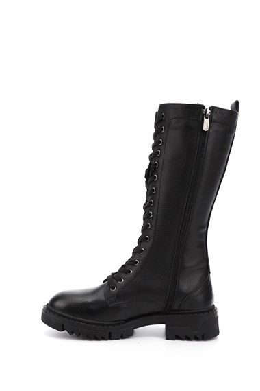 Womens Black Floater Zipper Thick Heel Genuine Leather Combat Boots