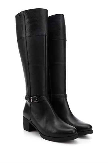 Kadın Siyah Floter Fermuarlı Kalın Topuklu Hakiki Deri Çizme