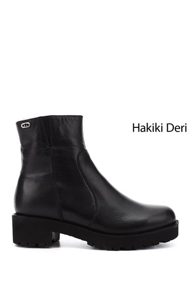 Womens Black Floater Zippered Thick Heel Genuine Leather Boots