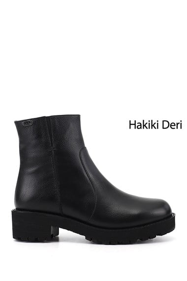 Kadın Siyah Floter Fermuarlı Kalın Topuklu Hakiki Deri Bot