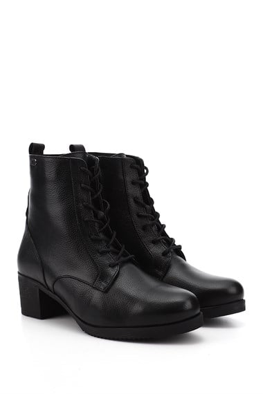 Womens Black Floater Zipper Thick Heel Genuine Leather Combat Boots