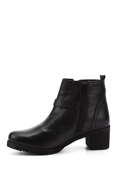 Womens Black Floater Zippered Thick Heel Genuine Leather Boots