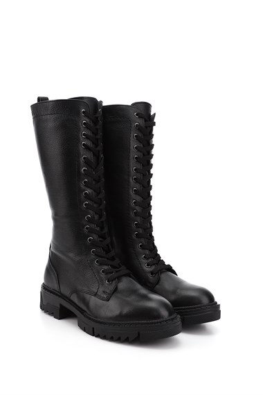 Womens Black Floater Zipper Thick Heel Genuine Leather Combat Boots
