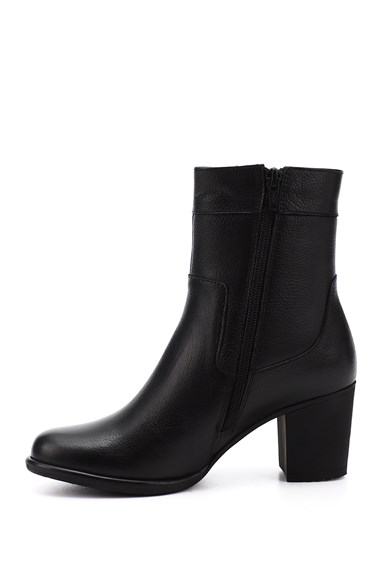 Kadın Siyah Floter Fermuarlı Kalın Topuklu Hakiki Deri Bot