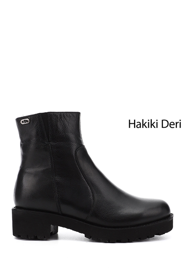 Kadın Siyah Floter Fermuarlı Kalın Topuklu Hakiki Deri Bot