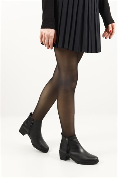 Womens Black Floater Zippered Thick Heel Genuine Leather Boots