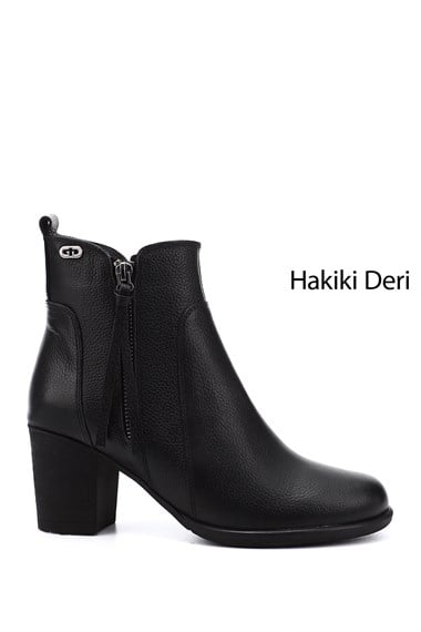 Kadın Siyah Floter Fermuarlı Kalın Topuklu Hakiki Deri Bot