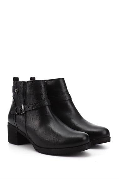 Womens Black Floater Zippered Thick Heel Genuine Leather Boots