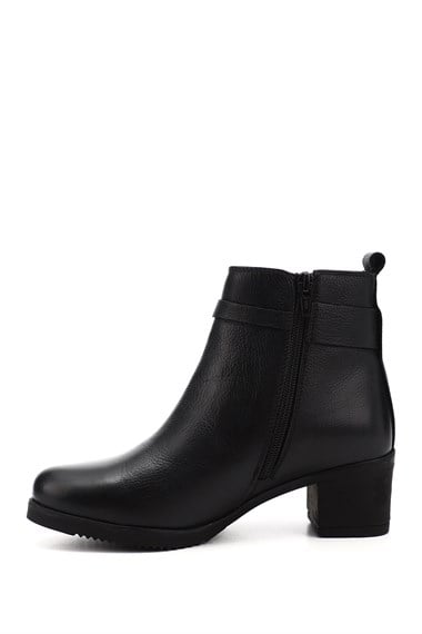 Womens Black Floater Zippered Thick Heel Genuine Leather Boots