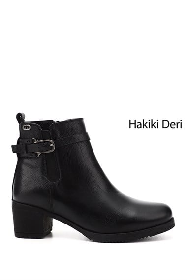Kadın Siyah Floter Fermuarlı Kalın Topuklu Hakiki Deri Bot