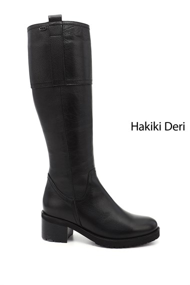 Kadın Siyah Floter Fermuarlı Kalın Topuklu Hakiki Deri Çizme