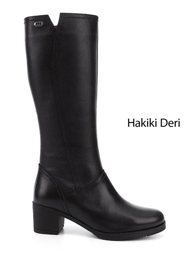 Kadın Siyah Floter Fermuarlı Kalın Topuklu Hakiki Deri Çizme